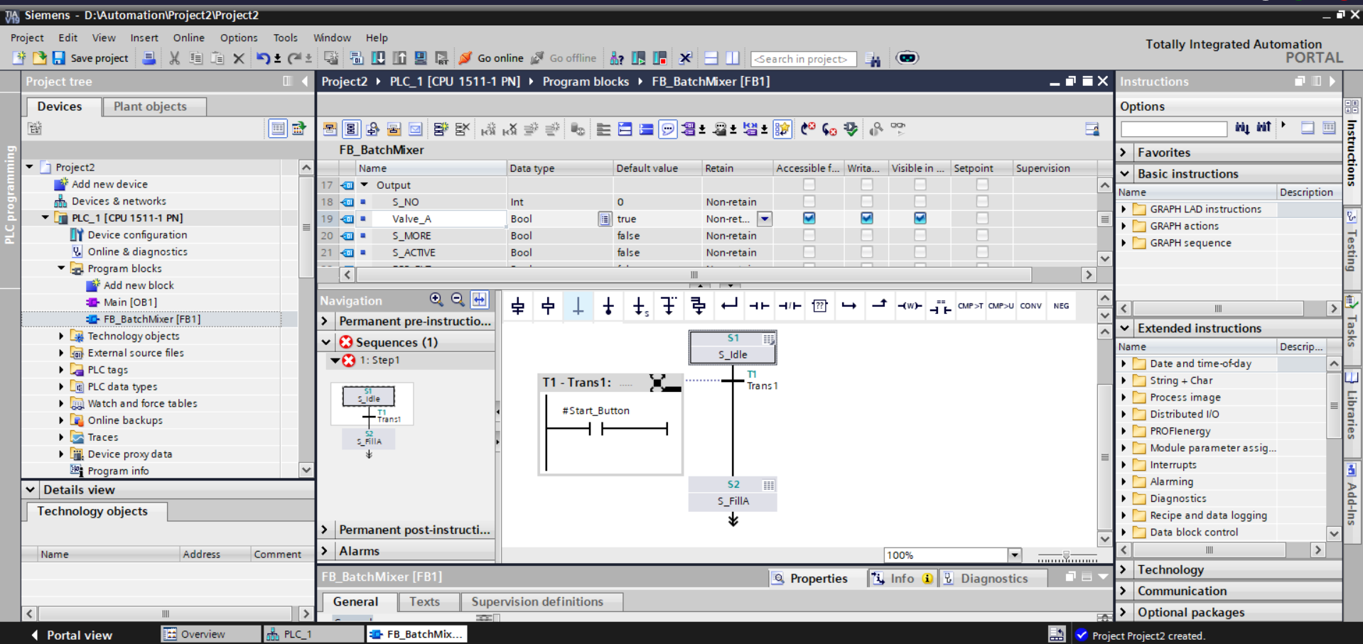 TIA Portal: FB_BatchMixer outputs and sequence start