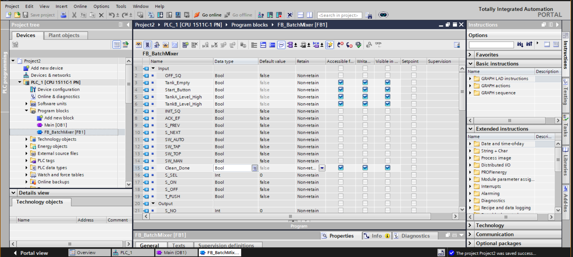 TIA Portal: Full input interface listing for FB_BatchMixer