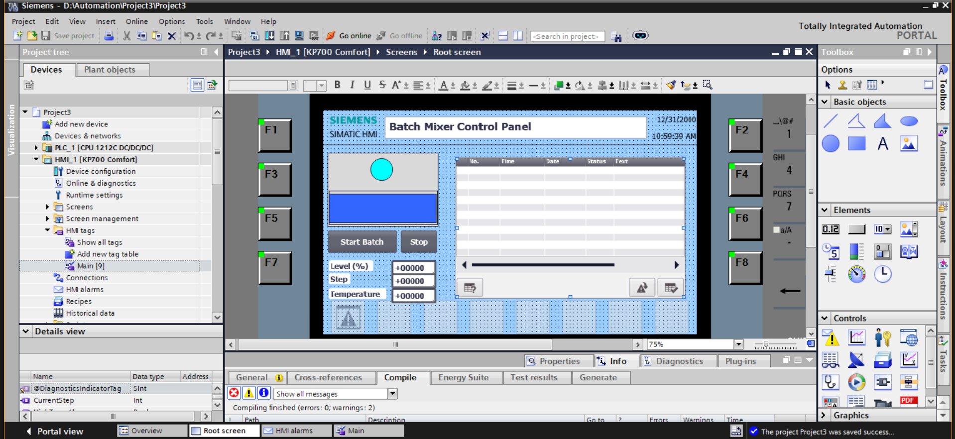 TIA Portal: WinCC HMI Root Screen design view with alarm buffer and tag bindings