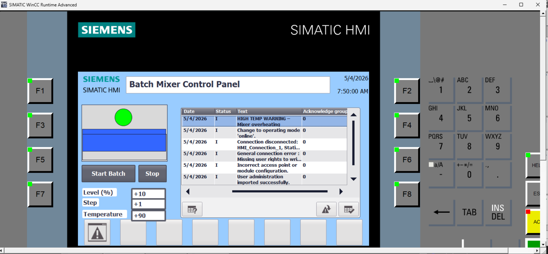 SIMATIC WinCC Runtime Advanced: live alarm buffer with HIGH TEMP WARNING and diagnostics entries