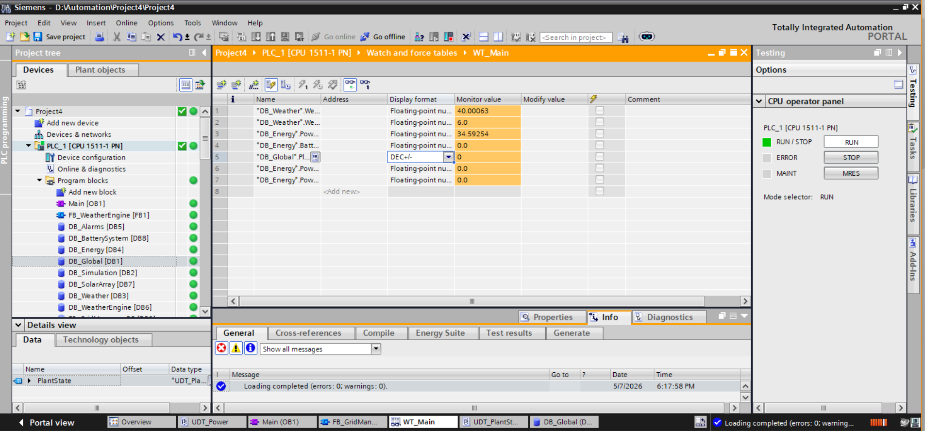 WT_Main Watch Table — live runtime monitoring during PLCSIM execution