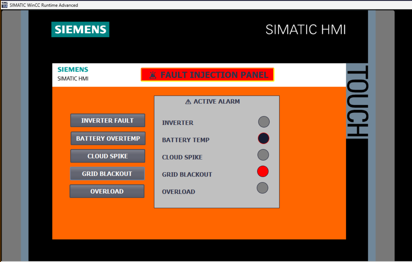 WinCC Runtime — Fault Injection Panel — Active Faults