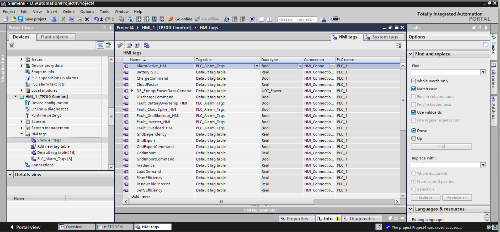 TIA Portal — HMI Tag Editor — Full Phase 4 Tag Table