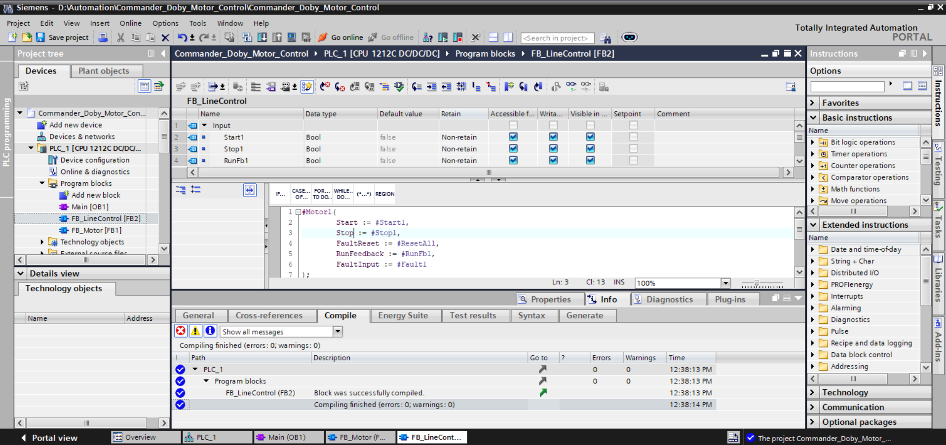 TIA Portal compile panel showing FB_LineControl compiled successfully with 0 errors 0 warnings