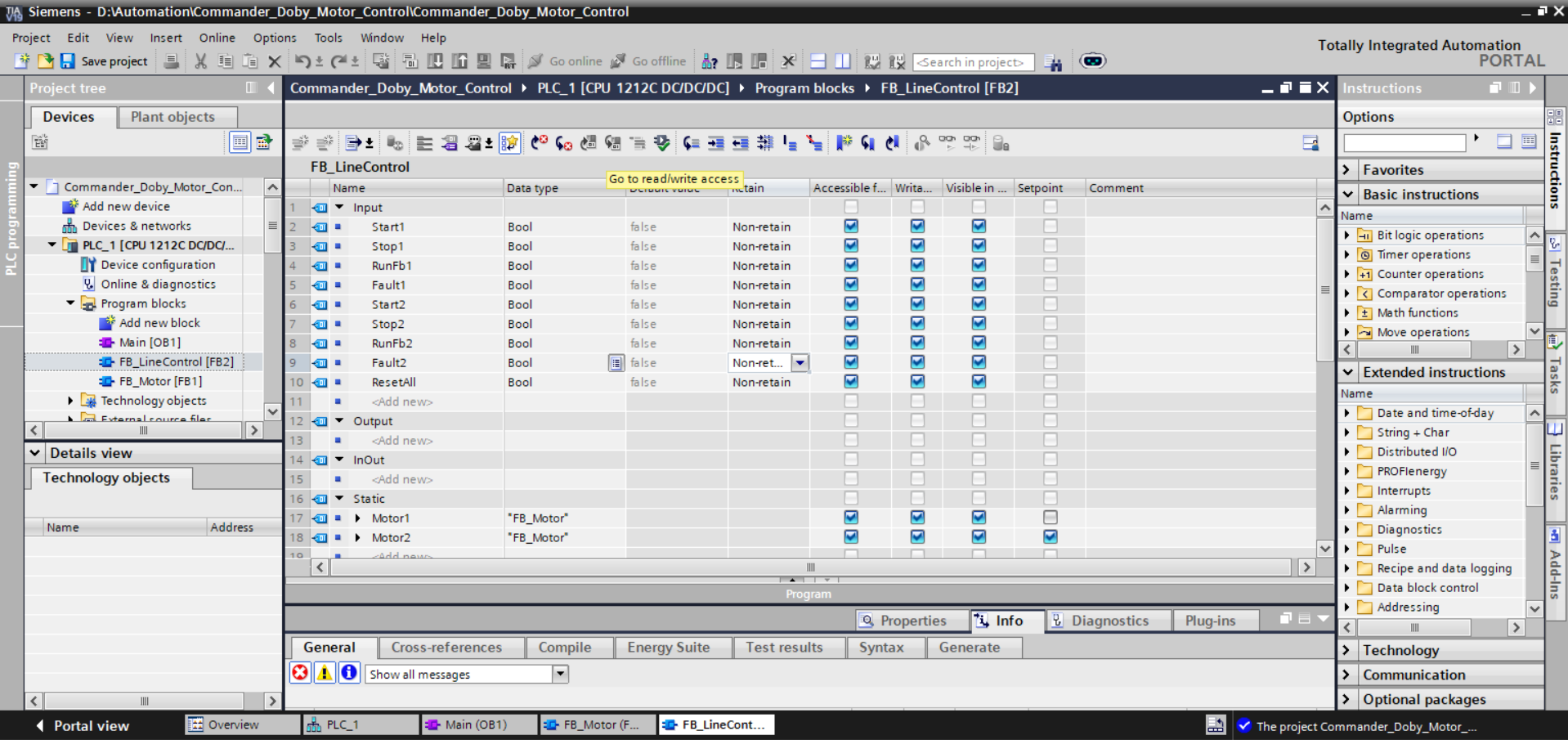TIA Portal FB_LineControl FB2 interface showing Motor1 and Motor2 typed as FB_Motor in Static section