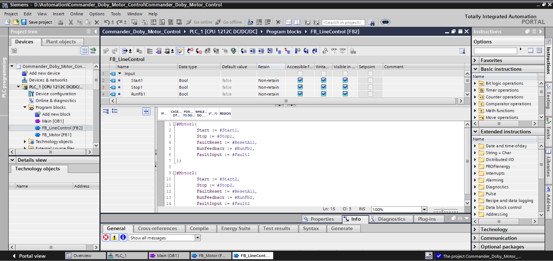 TIA Portal SCL showing Motor1 and Motor2 FB_Motor instance calls with named parameter assignment
