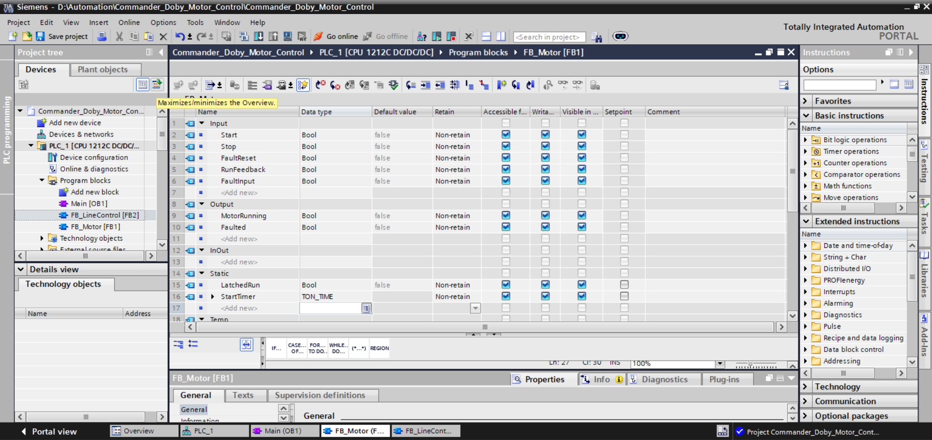 TIA Portal showing FB_Motor FB1 interface with Input, Output, and Static sections expanded