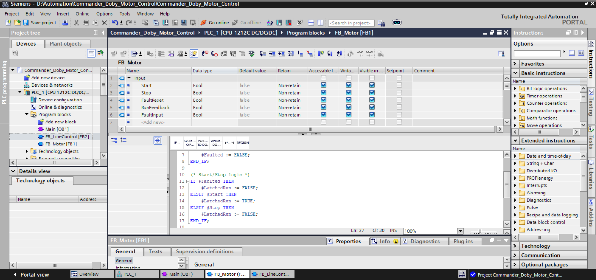 TIA Portal SCL editor showing fault and start/stop priority logic in FB_Motor
