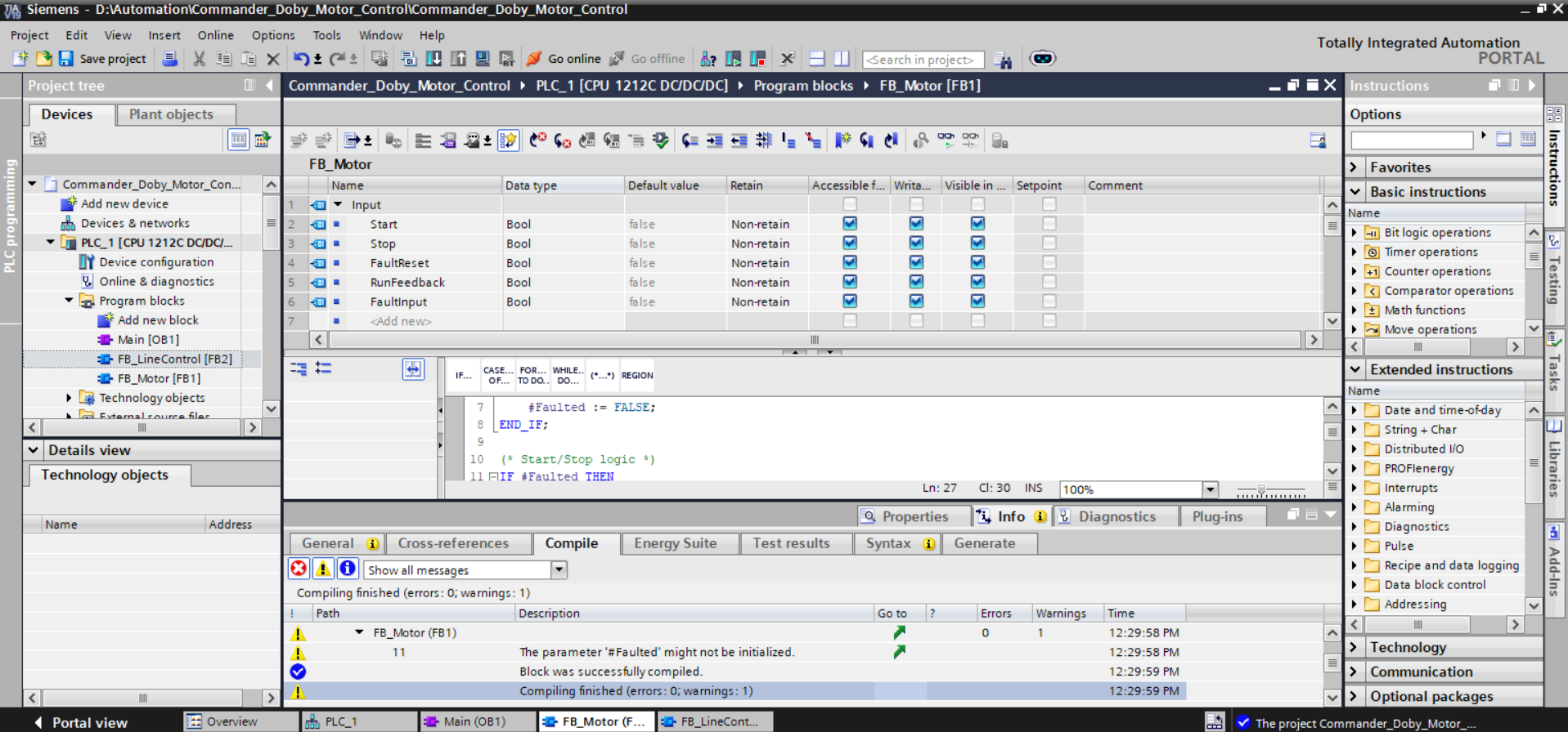 TIA Portal compile output showing warning: parameter #Faulted might not be initialized