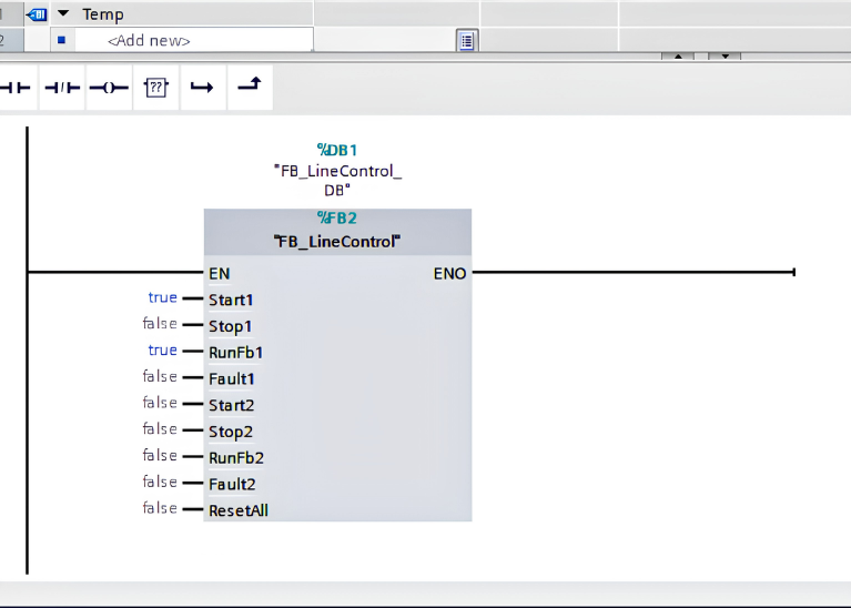 TIA Portal Ladder view in OB1 showing FB_LineControl FB2 call block with DB1 assigned and all inputs connected